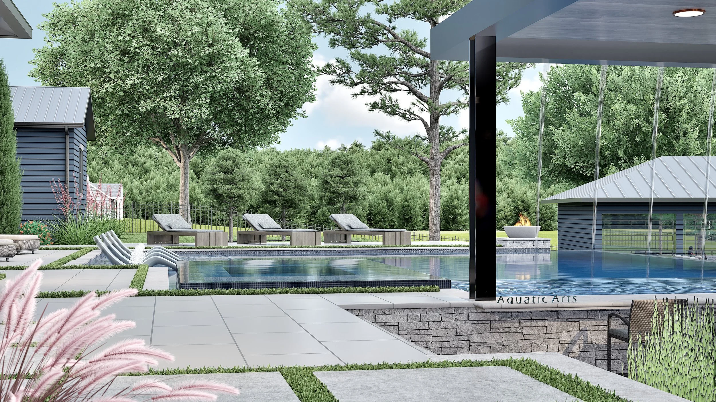 A modern outdoor swimming pool area with lounge chairs, surrounded by green trees and landscaped greenery, adjacent to a house with a metal roof and a fire pit.