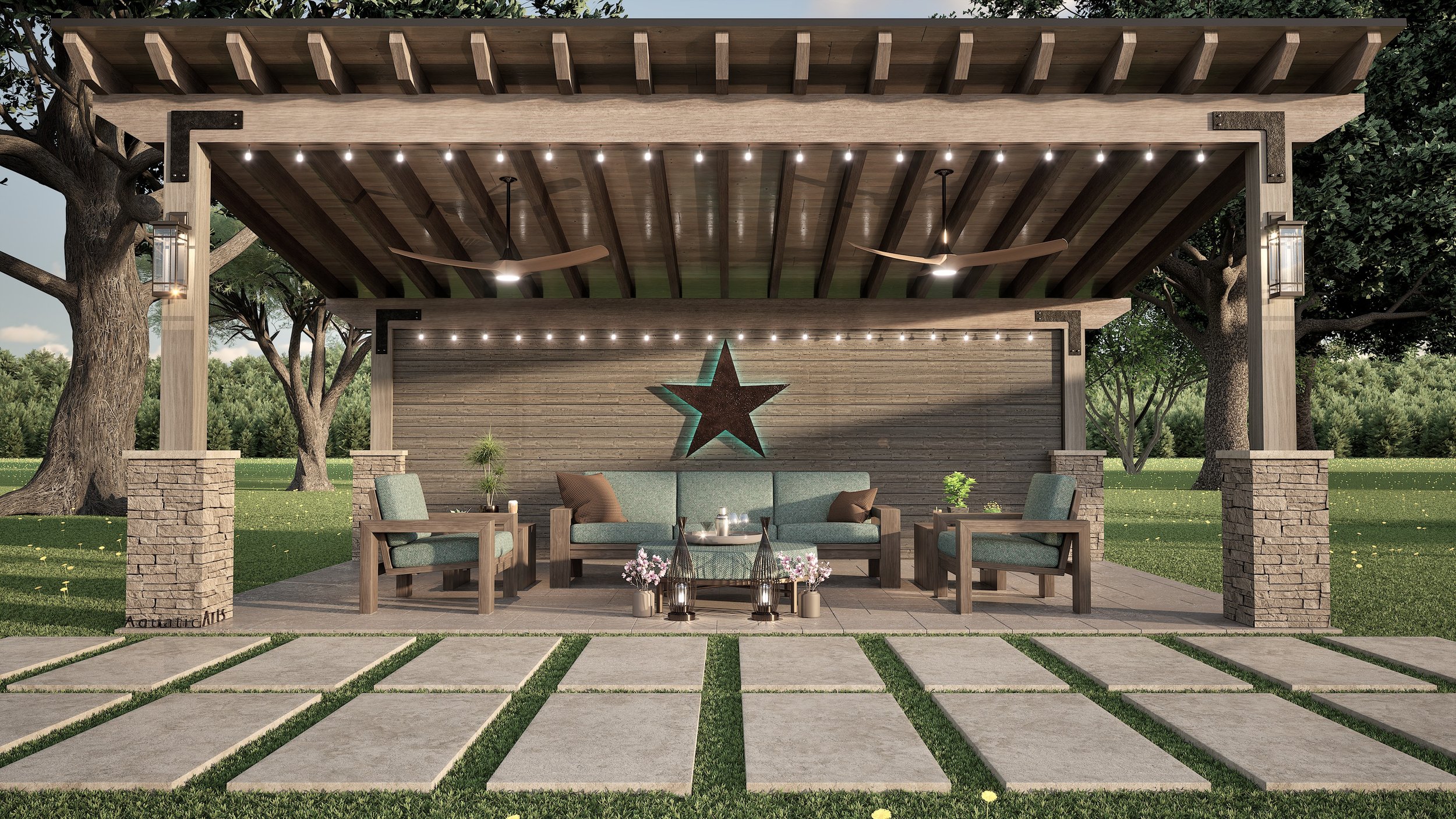 Outdoor patio with modern wooden furniture, a green cushioned sofa, two armchairs, and decorative lanterns, under a pergola with string lights and a large star wall decoration, set in a grassy yard with mature trees.
