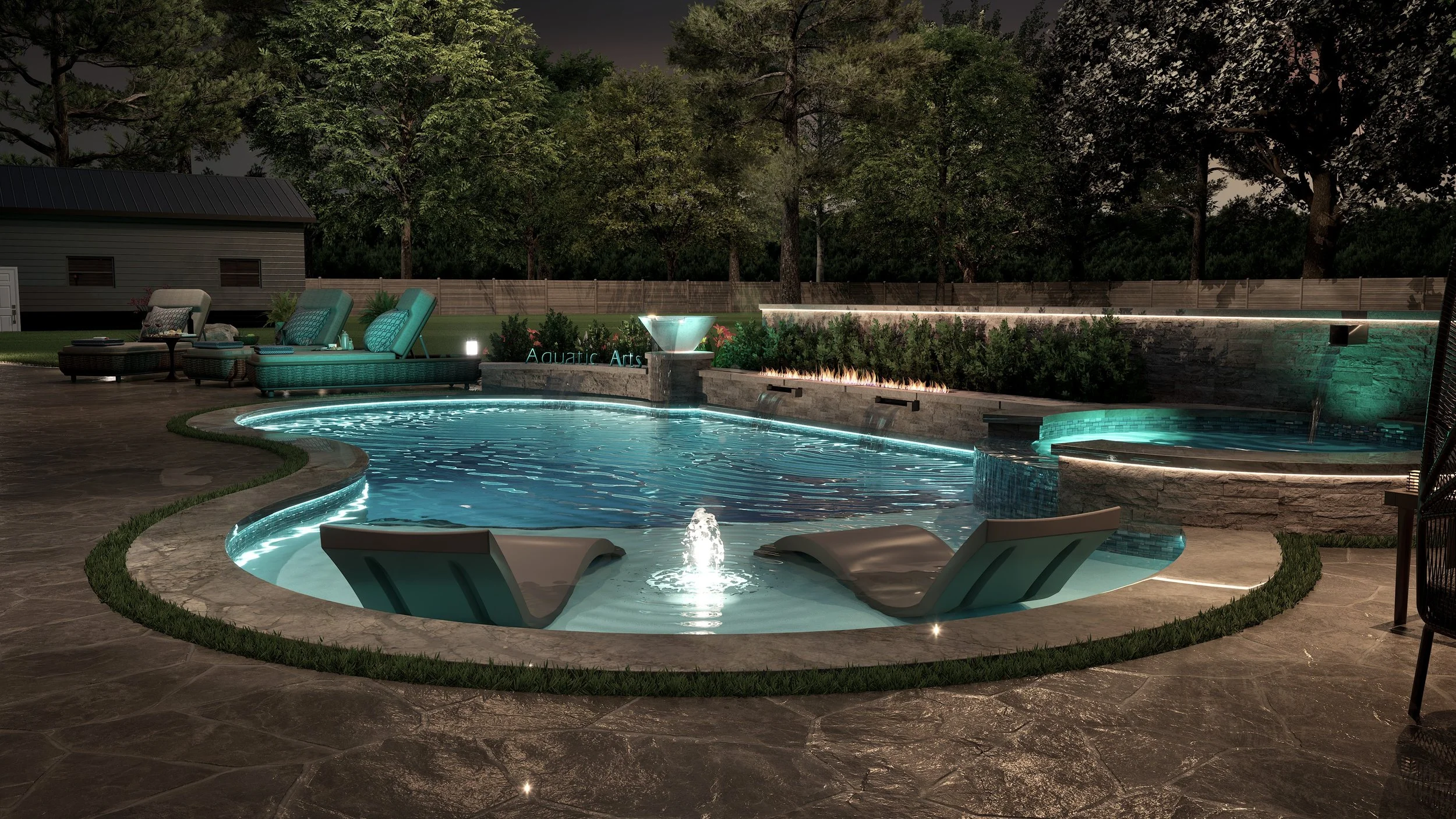 Night view of a illuminated backyard swimming pool area with lounge chairs, a fountain, and a hot tub, surrounded by trees and a privacy fence.