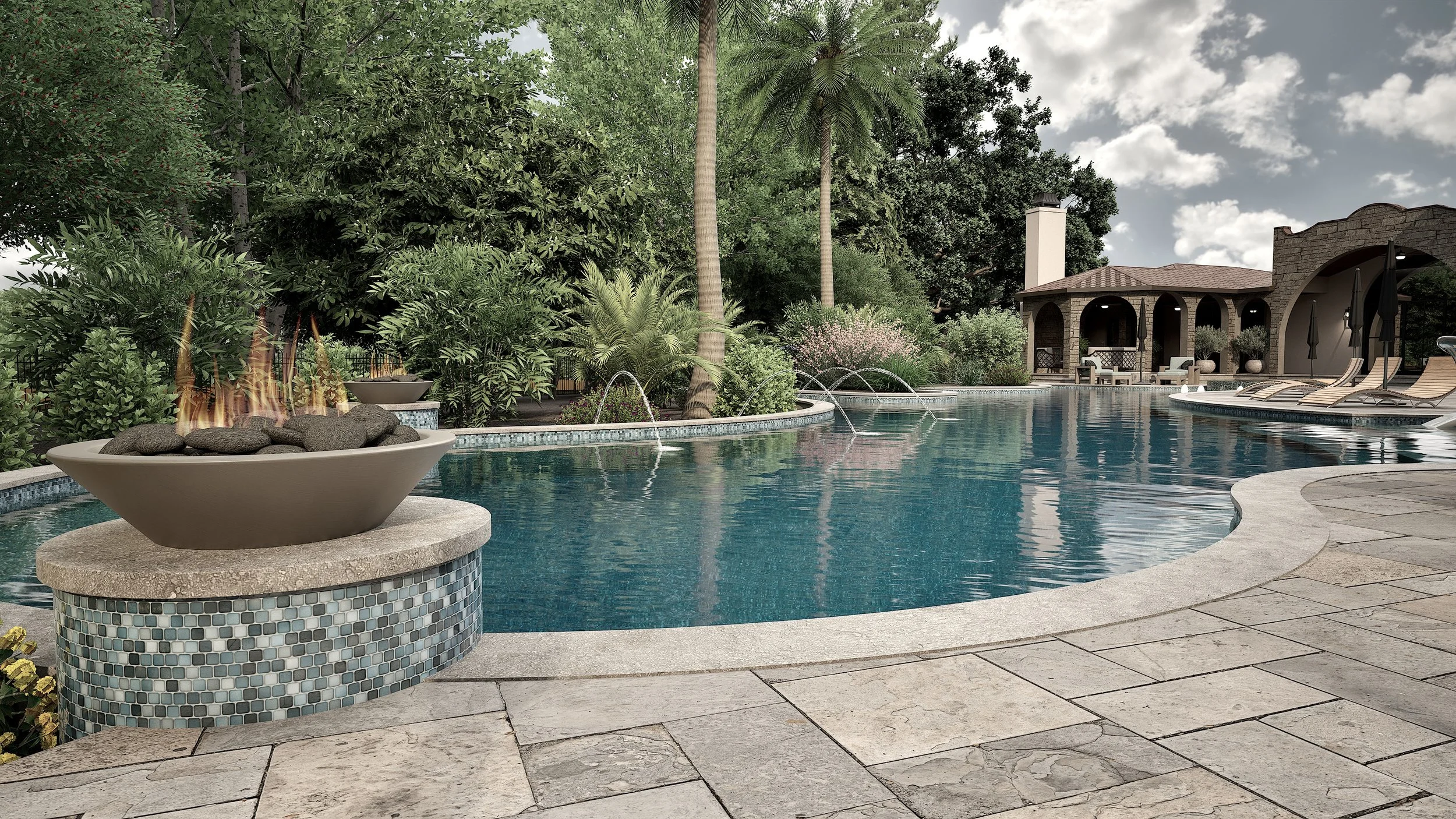 A luxurious backyard swimming pool surrounded by stone paving, lush greenery, palm trees, and outdoor seating area with umbrellas and lounge chairs.