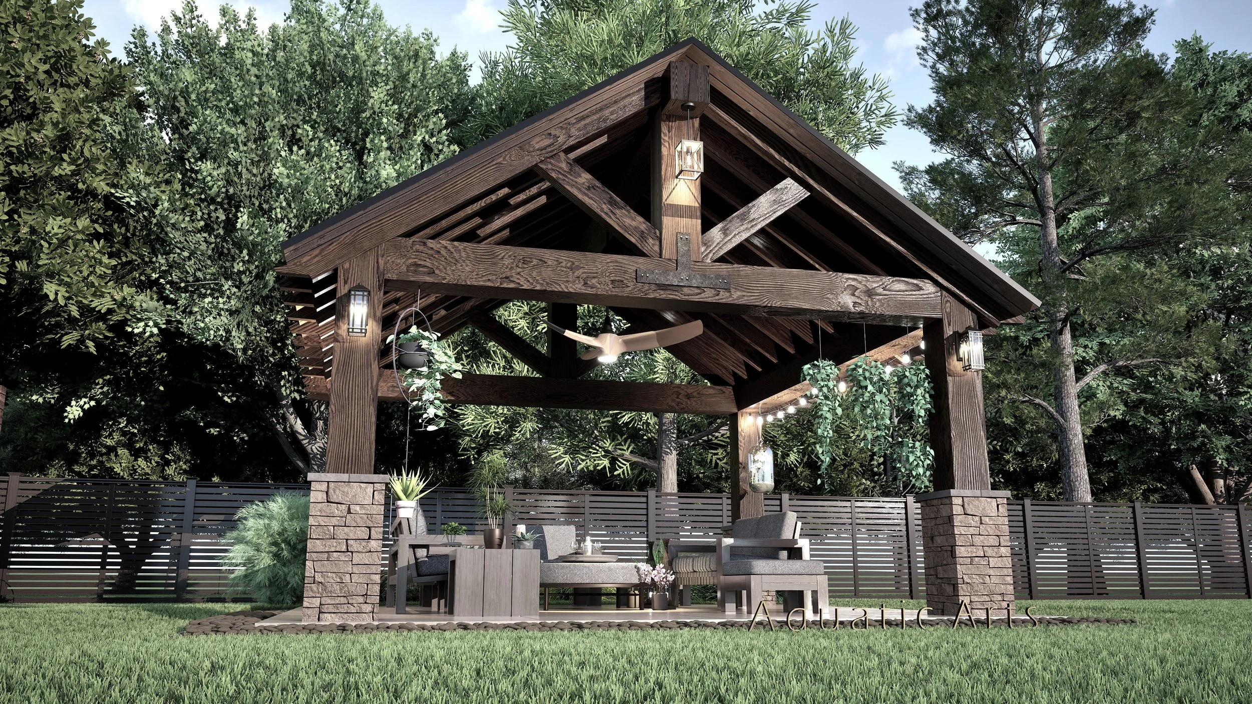 A backyard pergola with a wooden roof, string lights, plants, and outdoor furniture, surrounded by a wooden fence and trees.