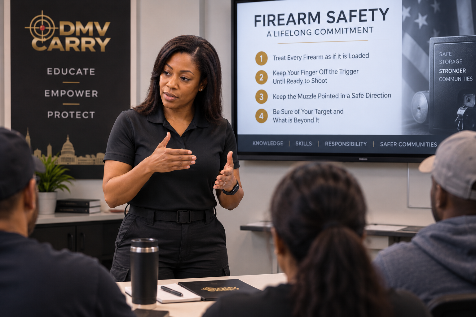 DMV CARRY instructor teaching firearm safety and responsible ownership to students in a classroom.