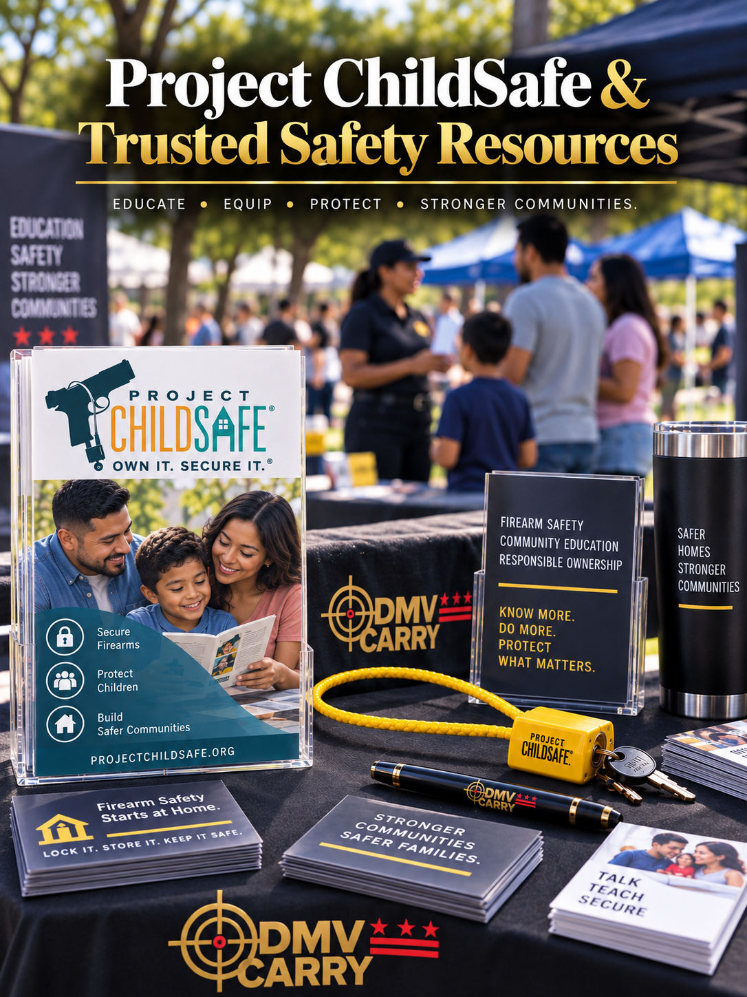 Project ChildSafe and DMV CARRY community firearm safety display with cable locks and educational resources promoting secure storage and responsible ownership.
