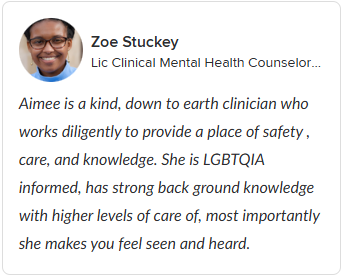 A professional profile card of Zoe Stuckey, a licensed clinical mental health counselor. It includes her photo, name, and a description praising her kindness, dedication, and expertise in providing safe, caring, and knowledgeable mental health support, especially for the LGBTQIA community.
