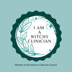 Certificate with a laurel design and daisies, titled 'I am a Witchy Clinician,' with a note about being a member of the intuitive clinicians council.