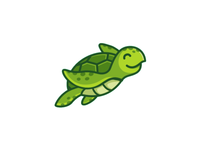 Cartoon illustration of a smiling green turtle with a patterned shell, swimming.