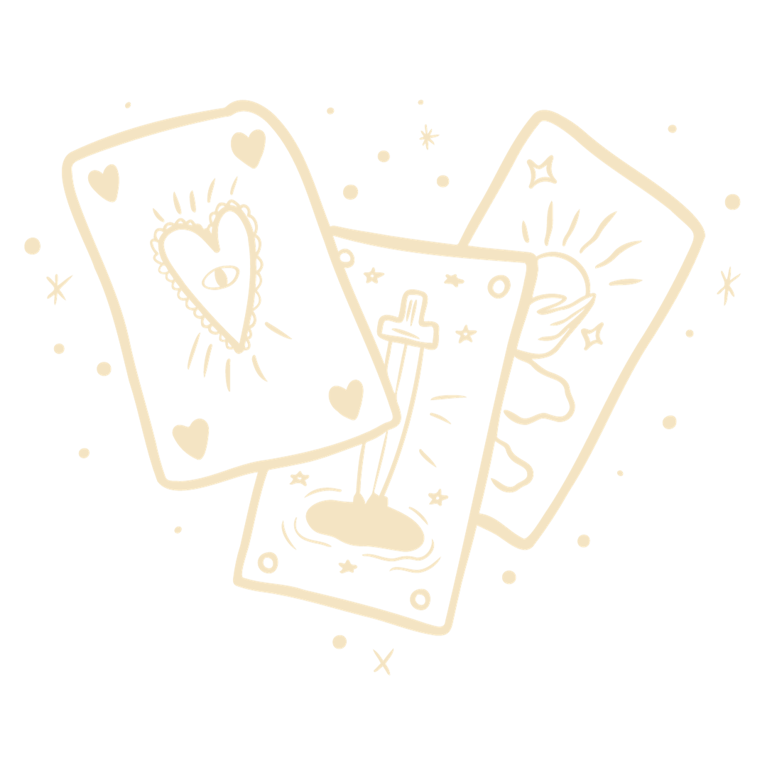 Black background with three stylized tarot cards featuring hearts, a sword, and a celestial scene, surrounded by stars and dots.