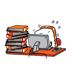 Desk with a large stack of papers and a computer monitor with headphones.