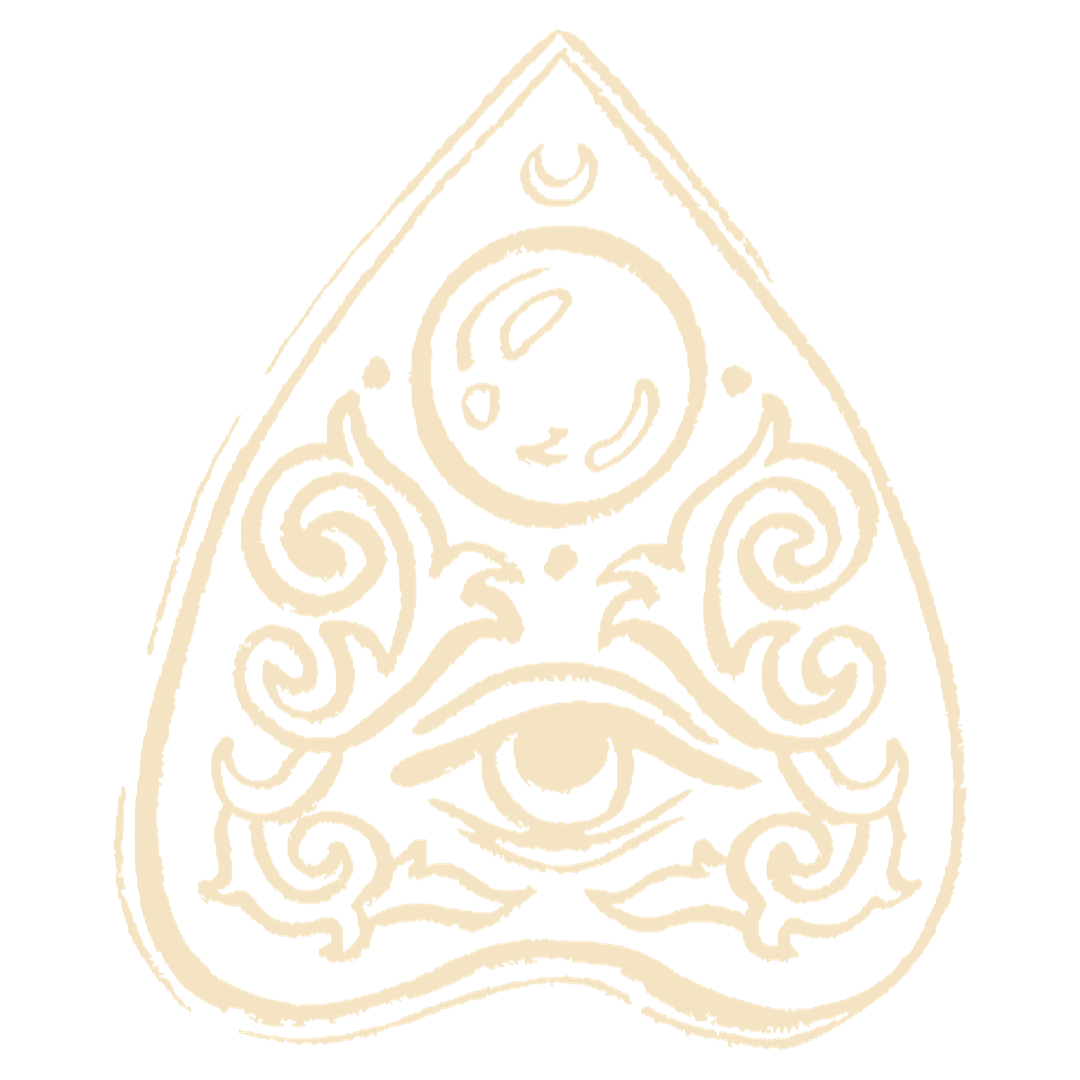 A decorative black and beige tribal-style design with a central eye, swirling patterns, and crescent moon symbols.