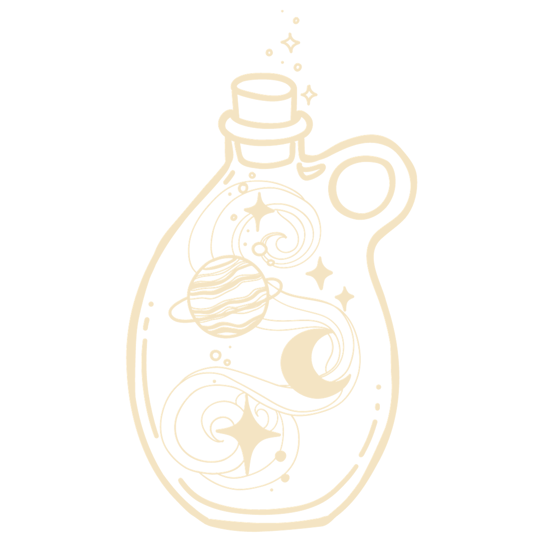 A black background with a beige line art illustration of a potion bottle containing space-themed elements like planets, stars, a crescent moon, and swirling cosmic patterns.