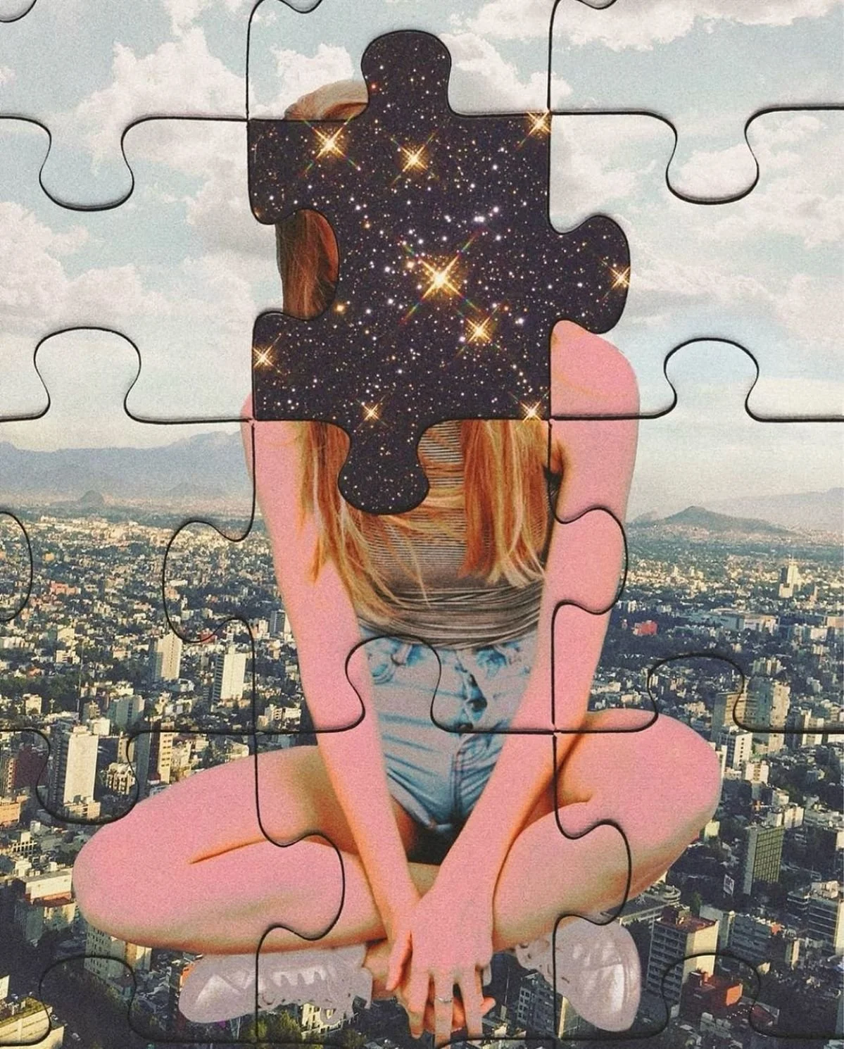 A jigsaw puzzle with a cityscape background, showing a person in a crouching position with a galaxy pattern in place of their face.