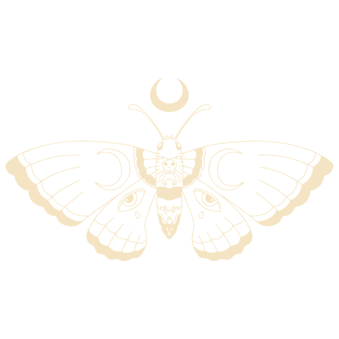 Outline illustration of a moth with a crescent moon above it and a skull and tiger face on its body, all set against a black background.