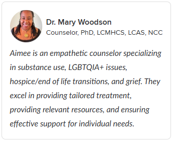 Business card for Dr. Mary Woodson, counselor with credentials PhD, LCMHC, LCAS, NCC. Includes her picture, name, title, and a description of her counseling specialties.