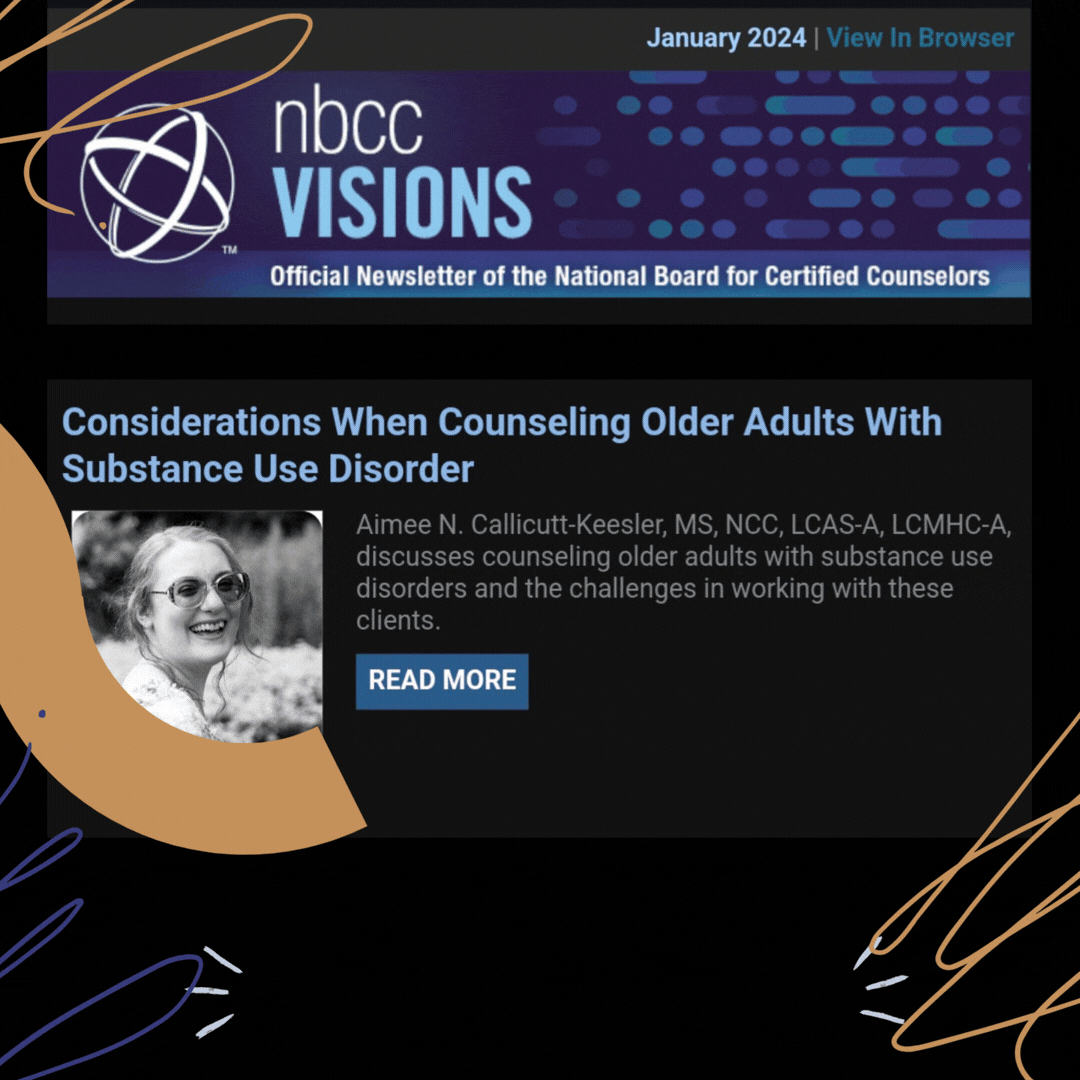 Newsletter header for nbcc VISIONS, January 2024, with a title about counseling older adults with substance use disorder, featuring a photo of a smiling woman with glasses and decorative abstract design elements.