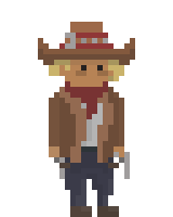 Pixel art character of a cowboy wearing a cowboy hat, brown jacket, blue pants, and holding a gun.