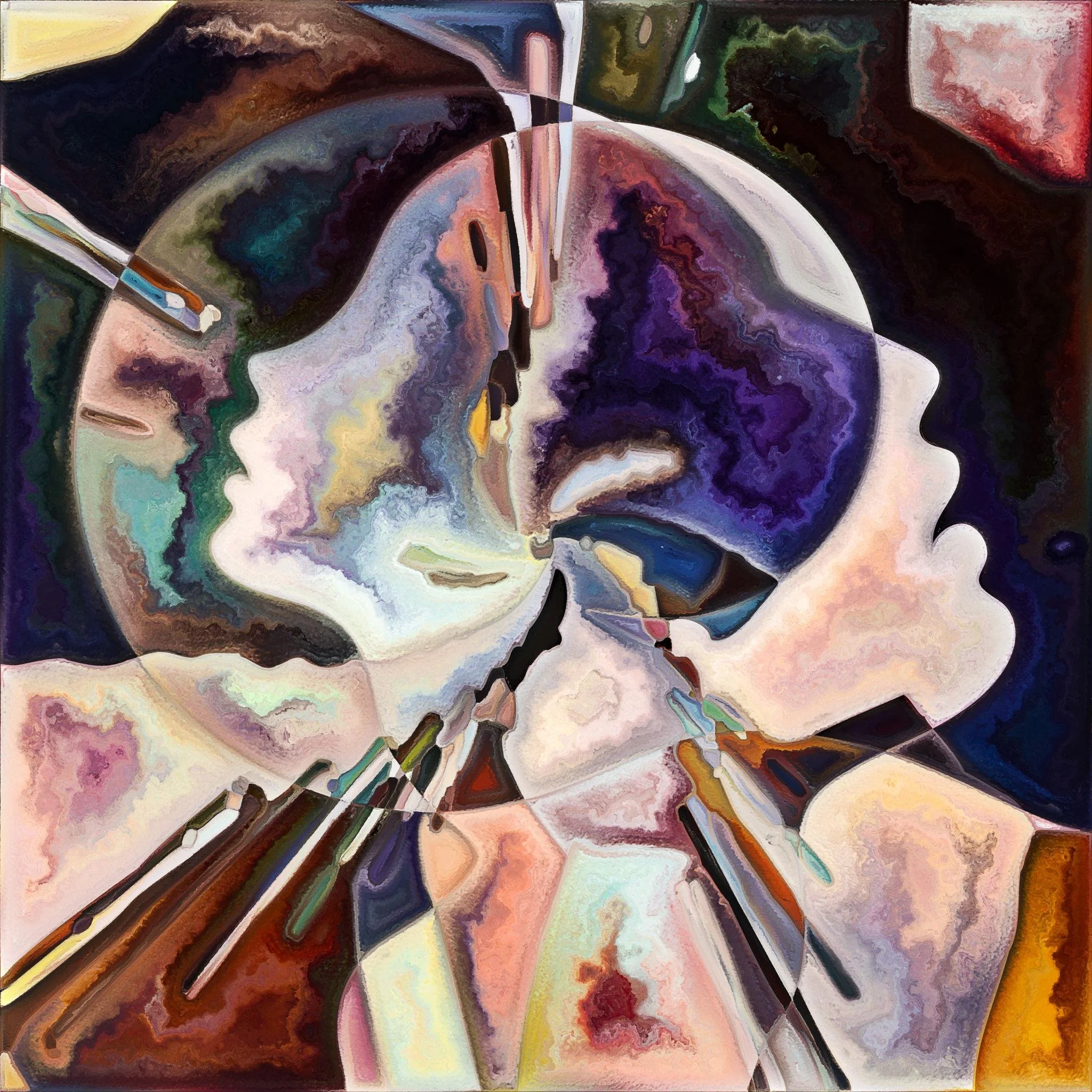 An abstract painting featuring swirling shapes and vibrant colors including purple, pink, brown, beige, black, and hints of blue and green.