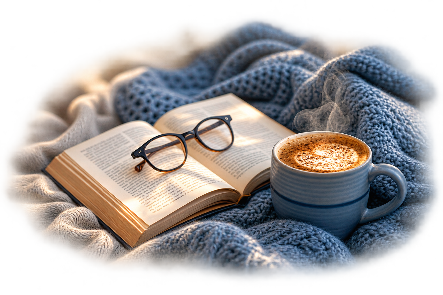 Open book, eyeglasses, and coffee representing psychotherapy and personal reflection