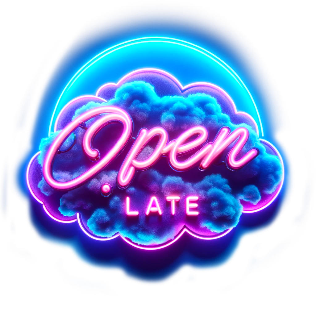 MADX art installation — neon cloud sign reading Open Late, created by Melanie Rothwell of Tiny Penthouse Studio
