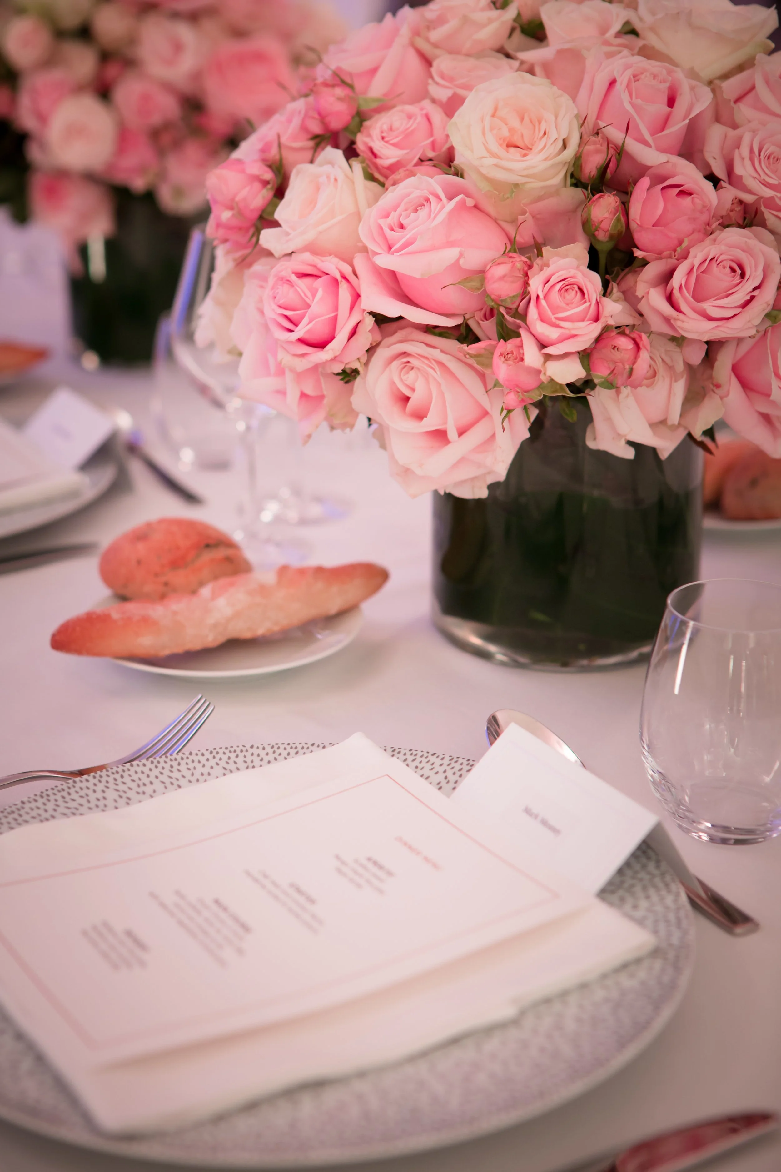 Waldorf Astoria ILTM Cannes — close-up of light pink garden roses table centerpiece, romantic luxury floral design by Tiny Penthouse Studio
