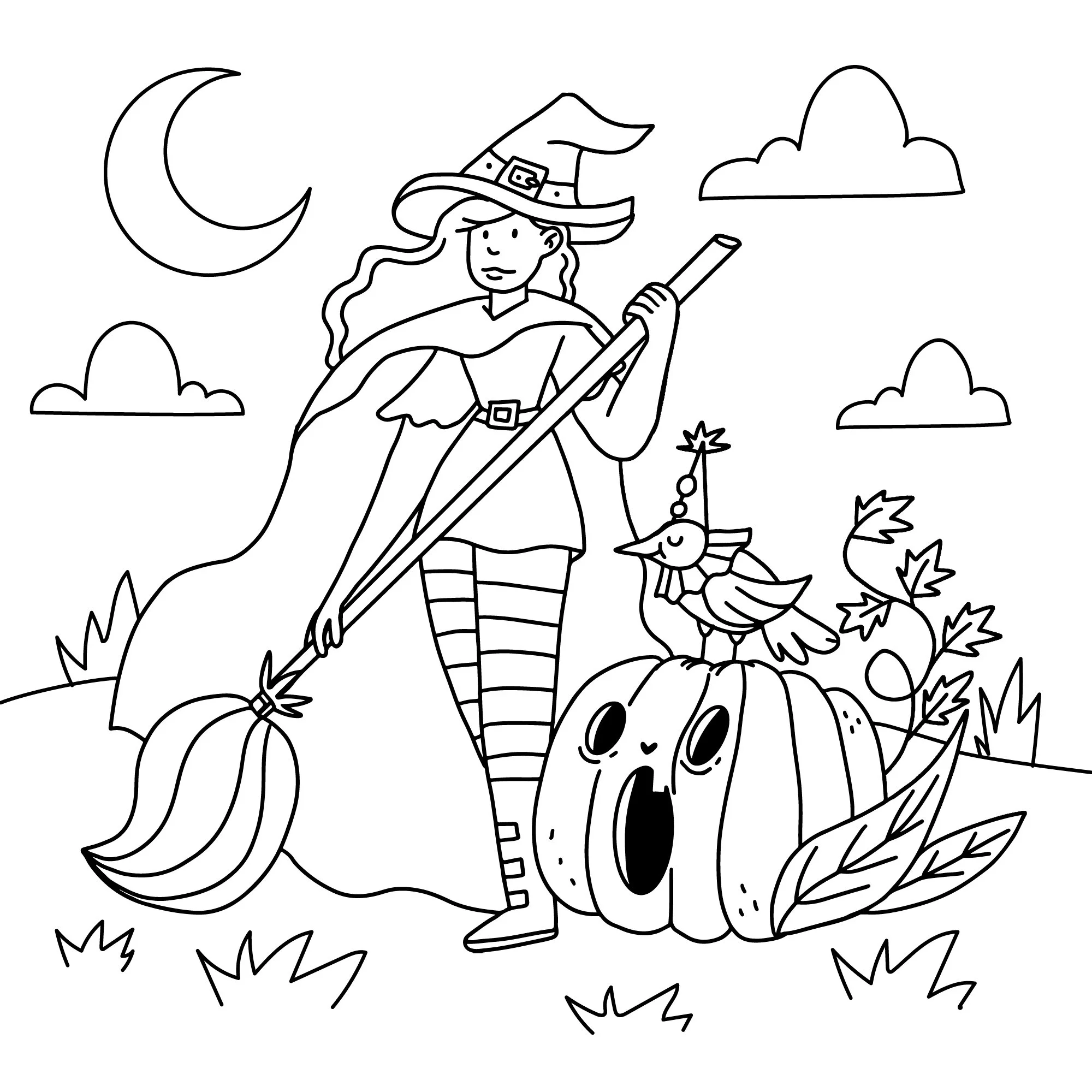 Witch with broomstick and bird on top of pumpkin