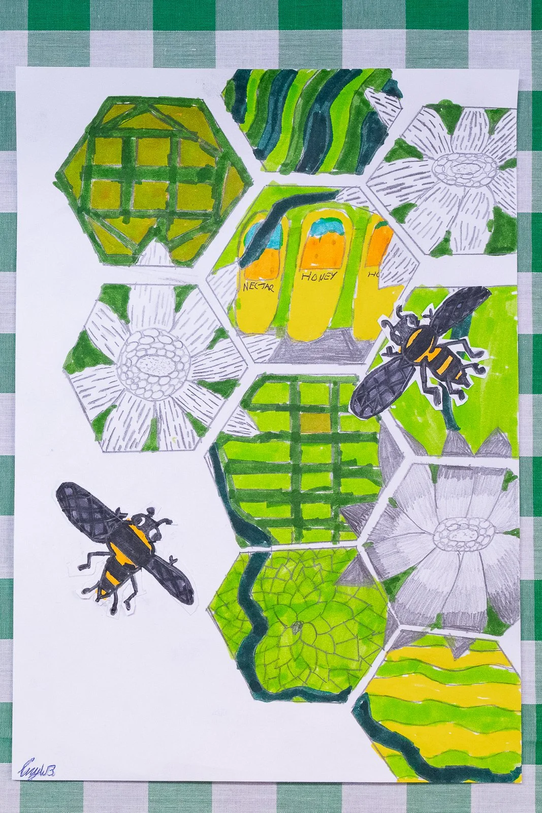 Child's drawing with bee and nature theme