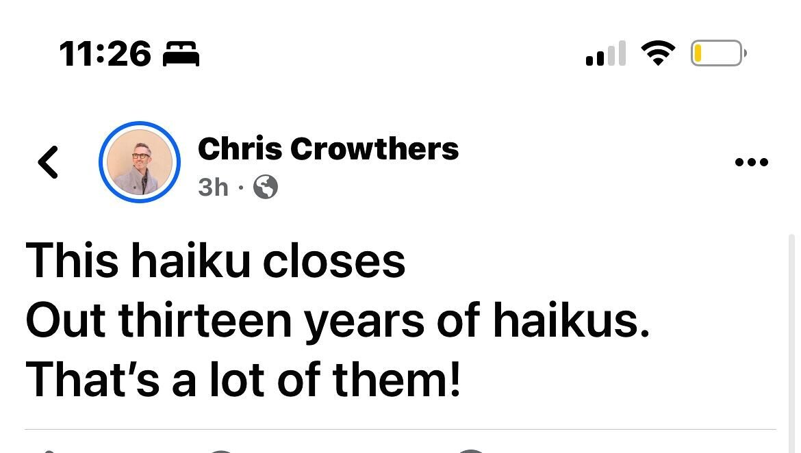 If we&rsquo;re friends on Facebook, you know that I only update my status in the form of haiku. It all started on February 4, 2011 for my dear friend @erinwestmoves birthday.  The above finishes out the 13th year which is 4,747. Here&rsquo;s to many 