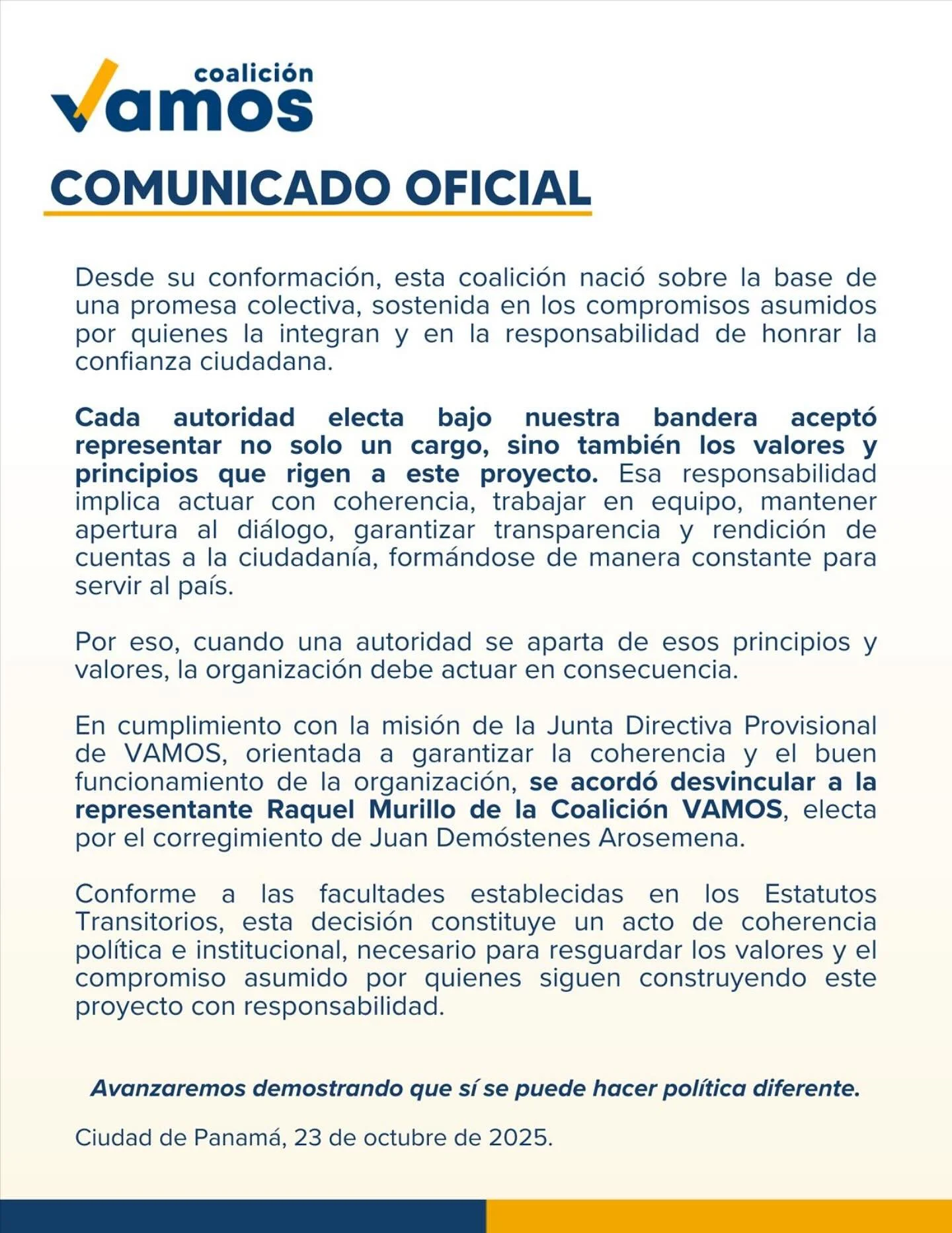 🟦🟨Comunicado | 23 de octubre de 2025

En VAMOS, actuar con coherencia no es opcional.