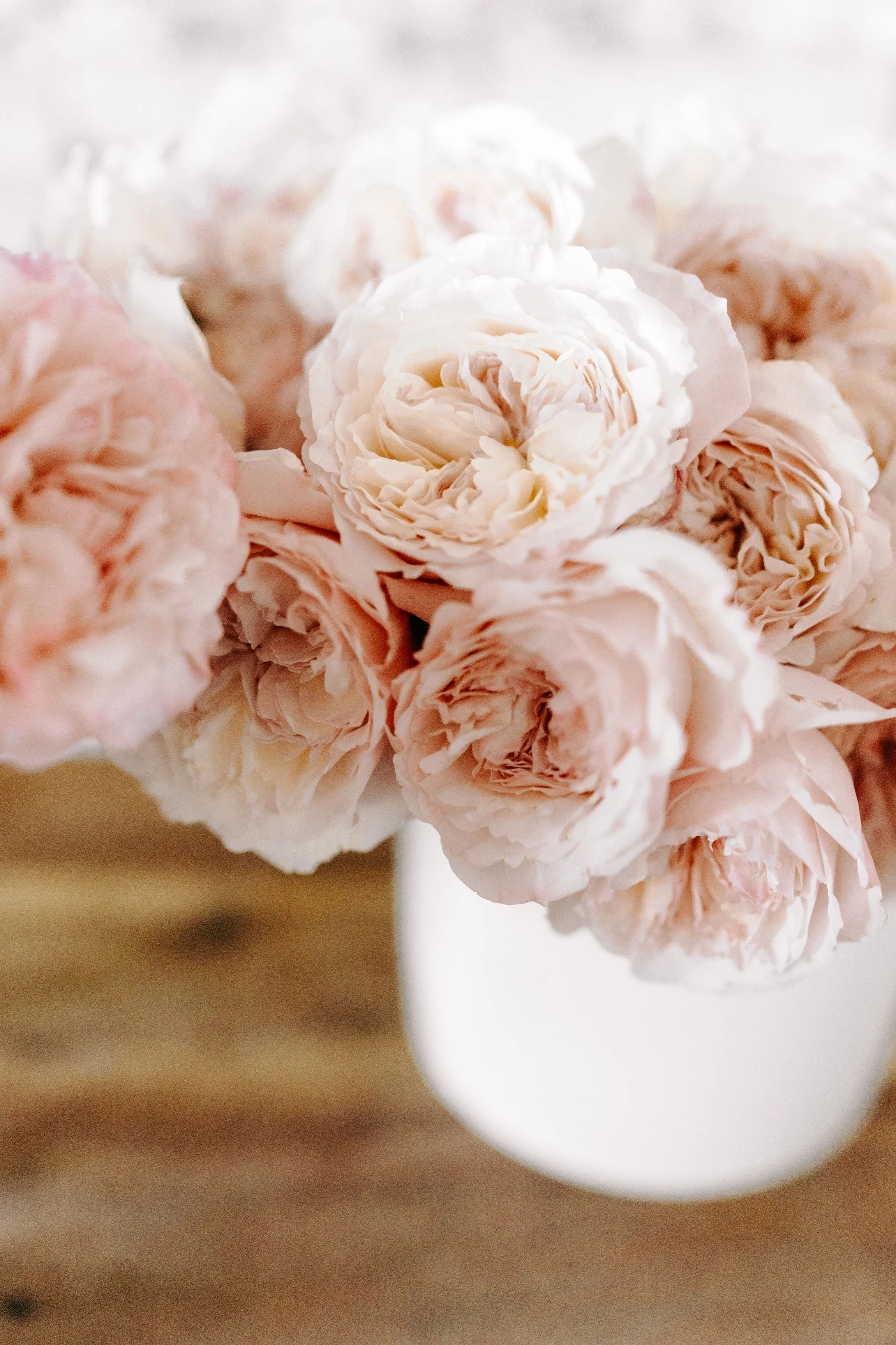 Close-up of light pink peony flowers in a white vase on a wooden surface.