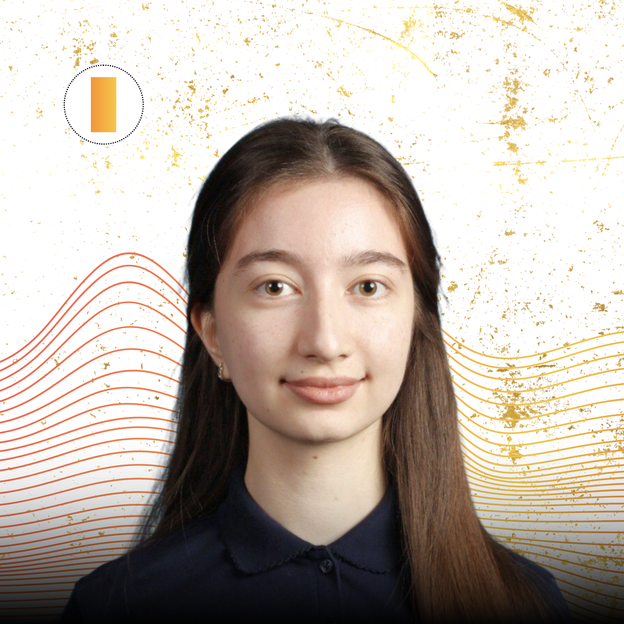 A young woman with long brown hair, wearing a dark collared shirt, smiling softly against a white background with gold splatters and wavy red and orange lines, and a small orange rectangle in a dotted circle in the upper left corner.