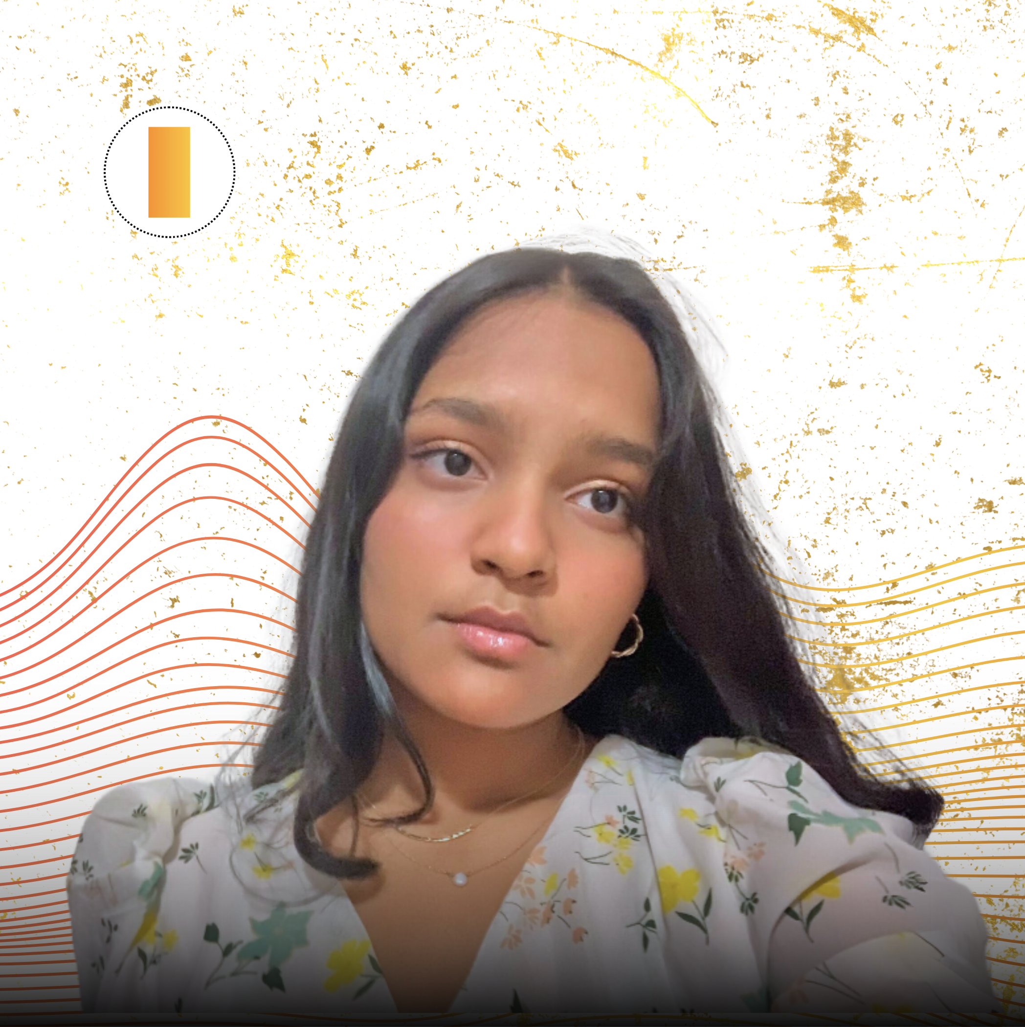 A young woman with dark hair and hoop earrings, wearing a floral top, taking a selfie against a digitally edited background with gold splatters, orange wavy lines, and a percentage indicator in the top left corner.