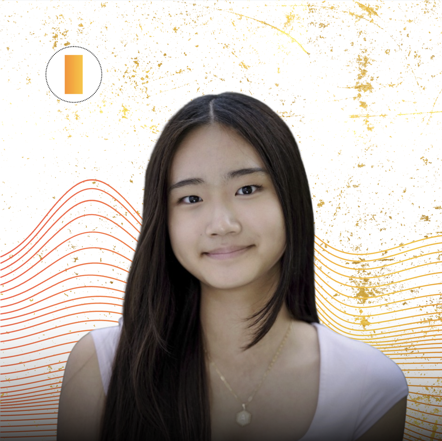 A young woman with long dark hair, wearing a white sweatshirt with partial text, standing against a white background with orange and gold graphic accents.
