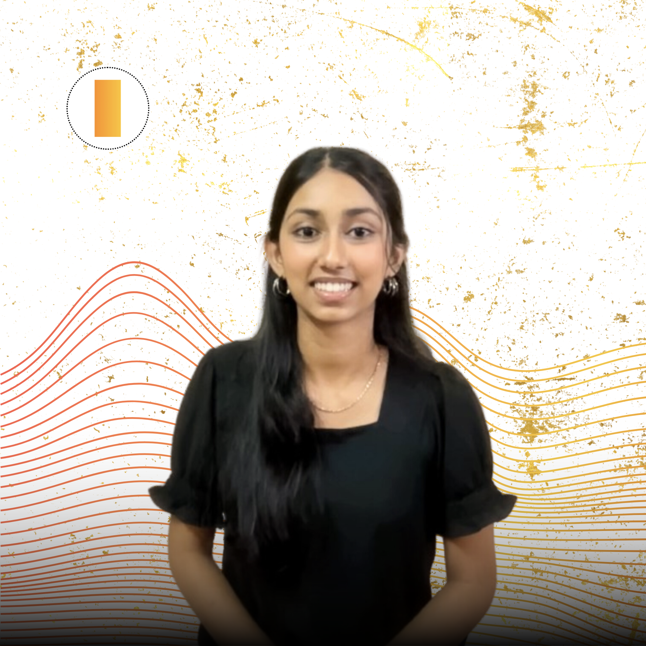 A smiling young woman with long dark hair, wearing a black dress, standing in front of a decorative background with gold splatters and red wave lines.