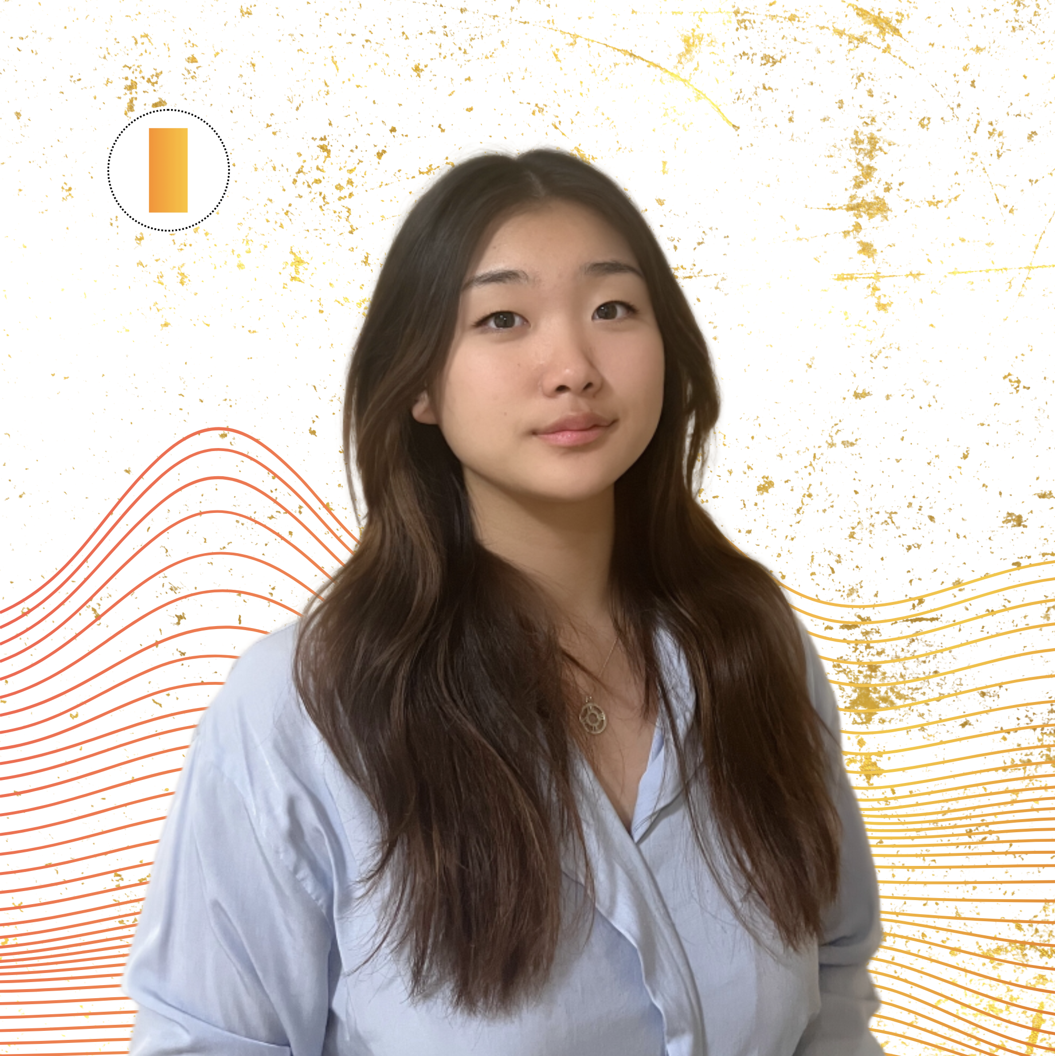 A woman with long wavy hair wearing a light blue shirt, standing against an artistic background with gold splatters, gold lines, and a yellow timer icon in the upper left corner.