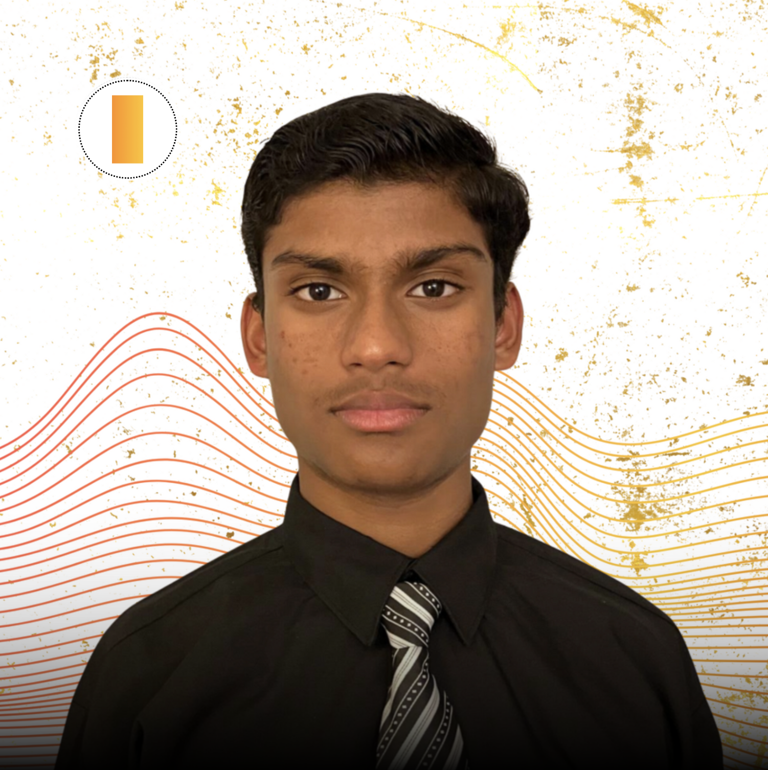 Portrait of a young man with dark hair, wearing a black shirt and a patterned tie, standing in front of a white background with orange and gold abstract design elements.