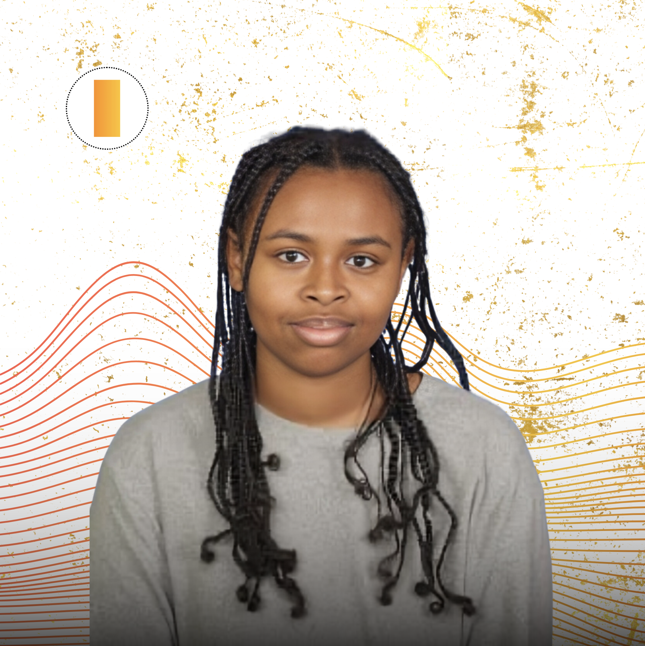 Portrait of a young girl with long braided hair wearing a light gray shirt, against a decorative background with orange and gold design elements.
