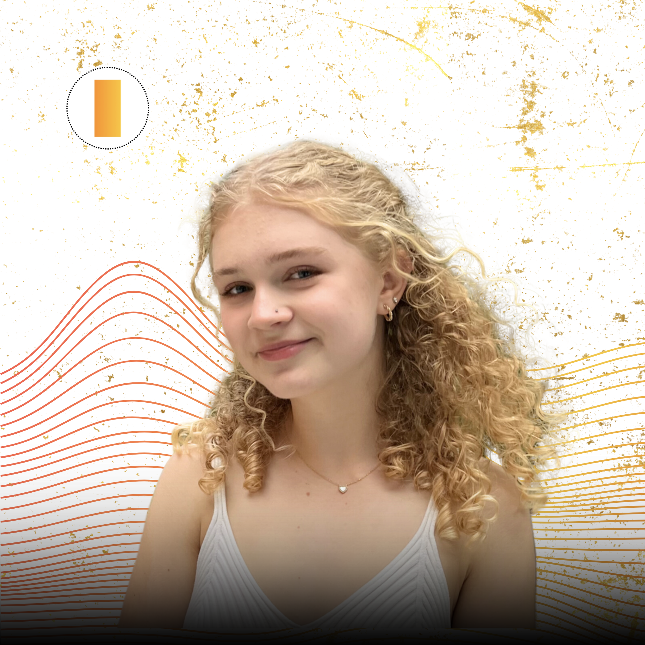 Portrait of a young woman with curly blonde hair, wearing a white sleeveless top and small hoop earrings, smiling gently at the camera.