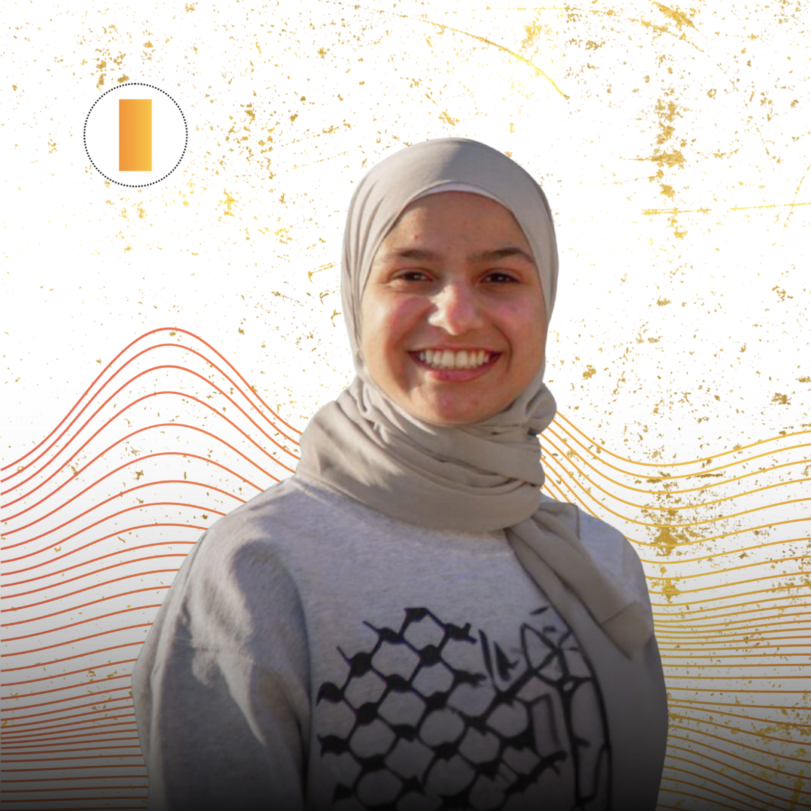 Close-up of a young woman wearing glasses and a brown hijab, smiling against a background with gold splatter and orange wavy lines.