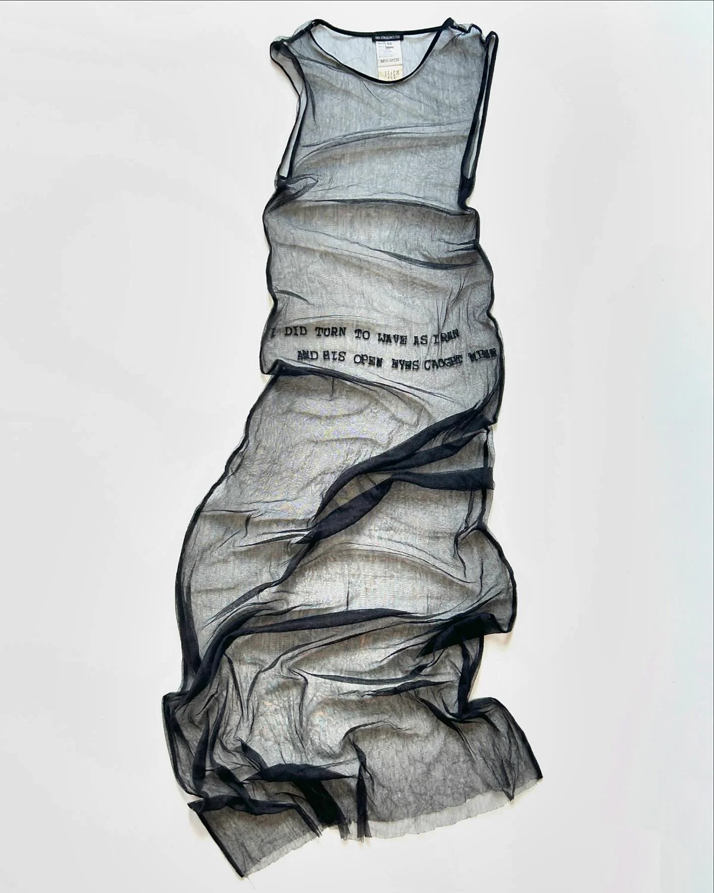From the archive: an Ann Demeulemeester Spring 2000 silk mesh dress with beaded poetry from Patti Smith&rsquo;s 1992 book &ldquo;Woolgathering&rdquo;.

&ldquo;I did turn to wave as I ran and his open eyes caught mine.&rdquo;