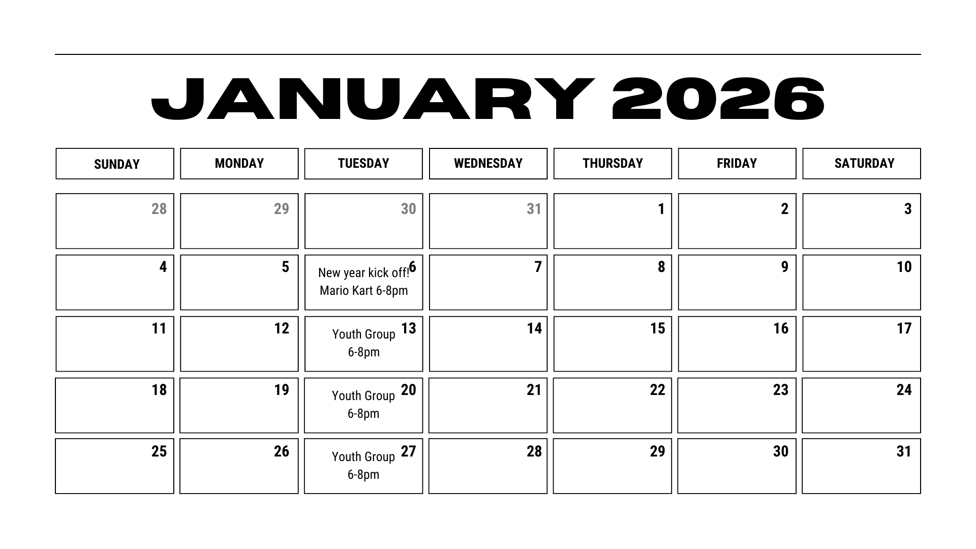January calendar of events; youth meets every Tuesday from 6-8