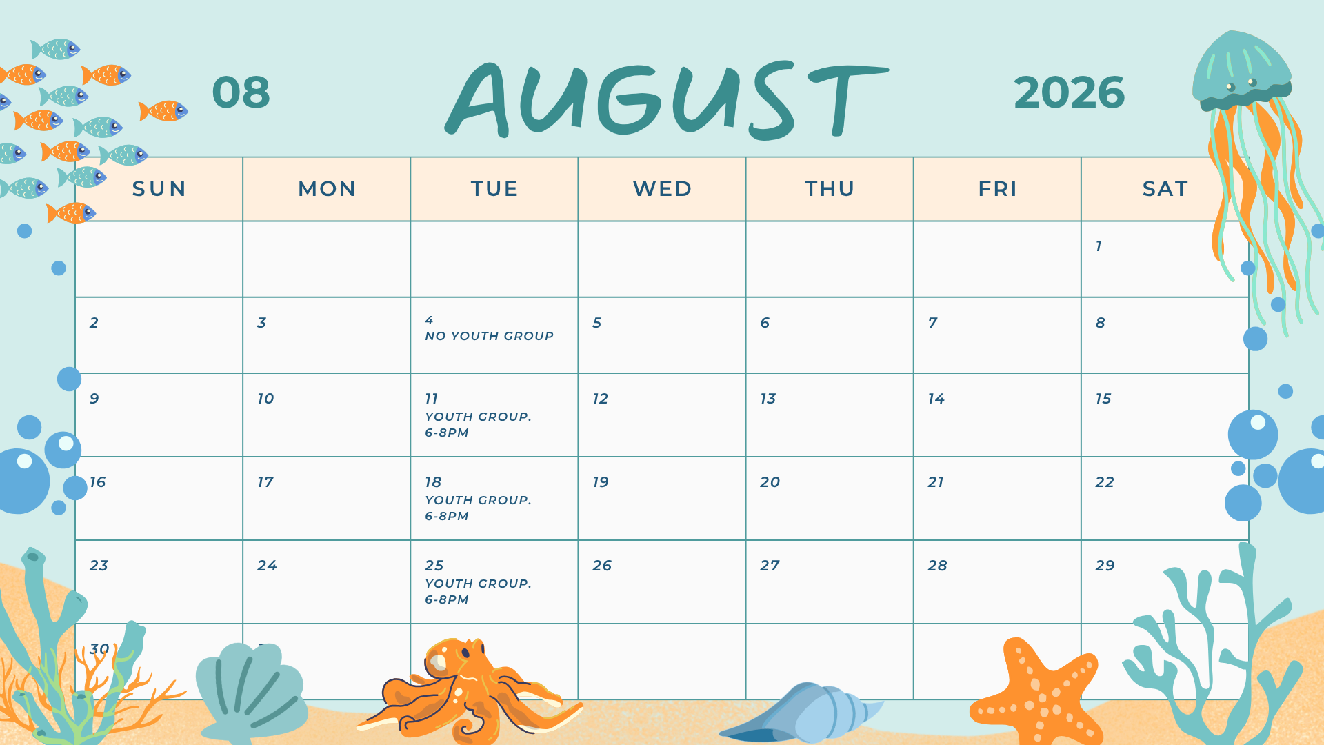 No youth group August 4. Otherwise we meet Tuesdays at 6