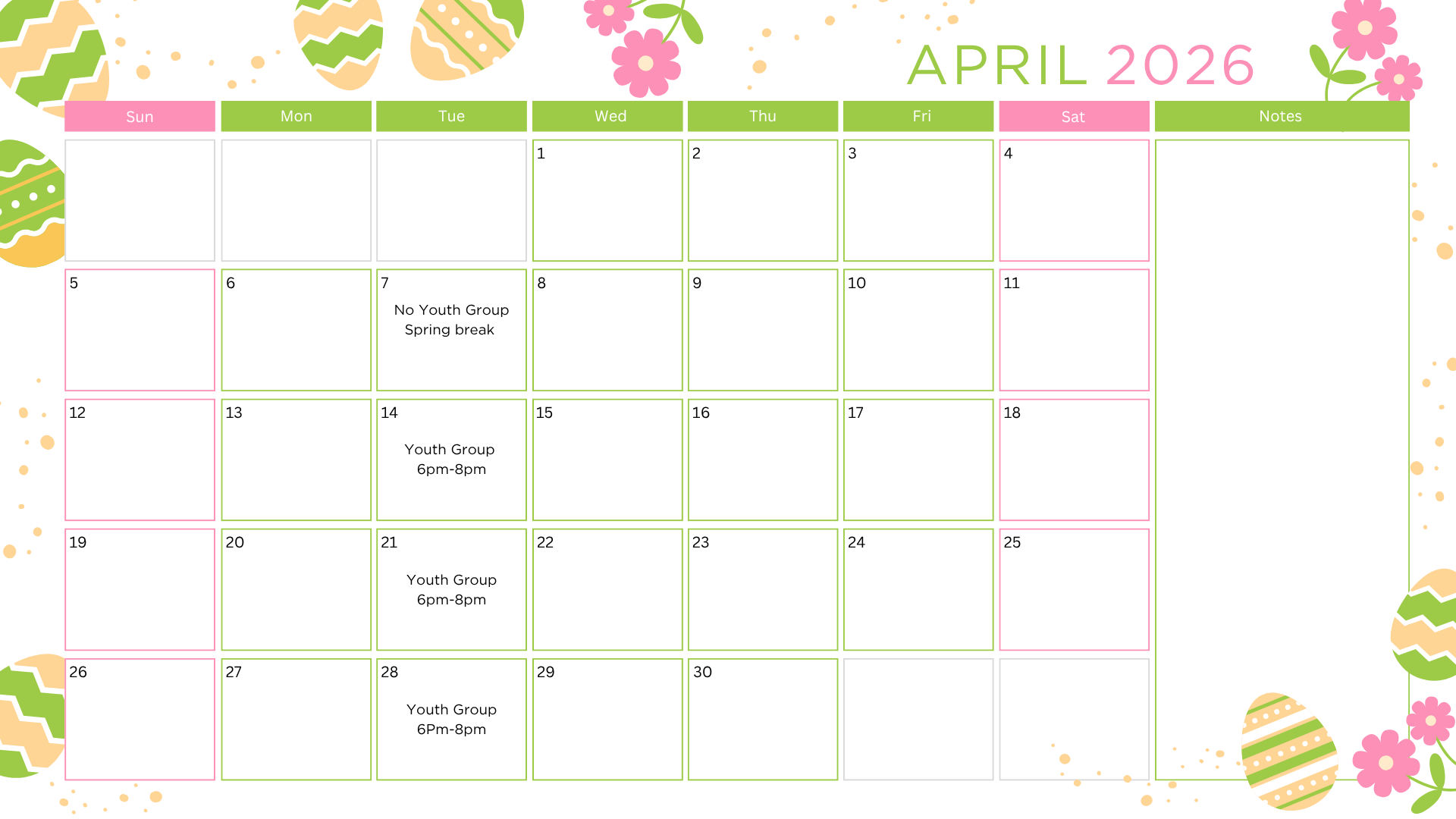 calendar for april, no youth group on april 7. we meet on tuesdays, 6 8 pm