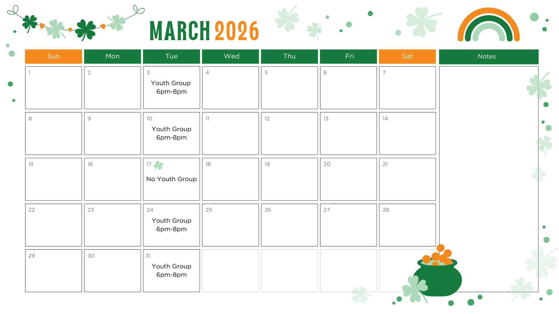 youth group calendar with youth group events every Tuesday from 6 - 8 PM