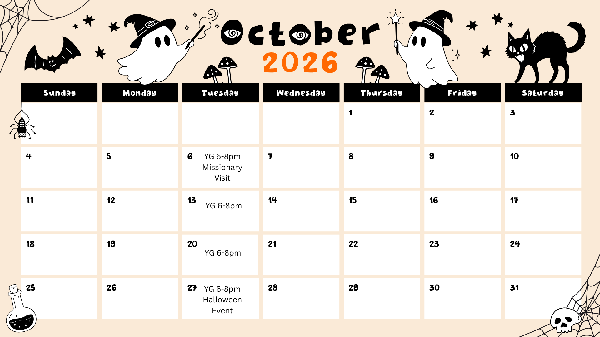 Youth calendar for October with events every Tuesday from 6 - 8 PM