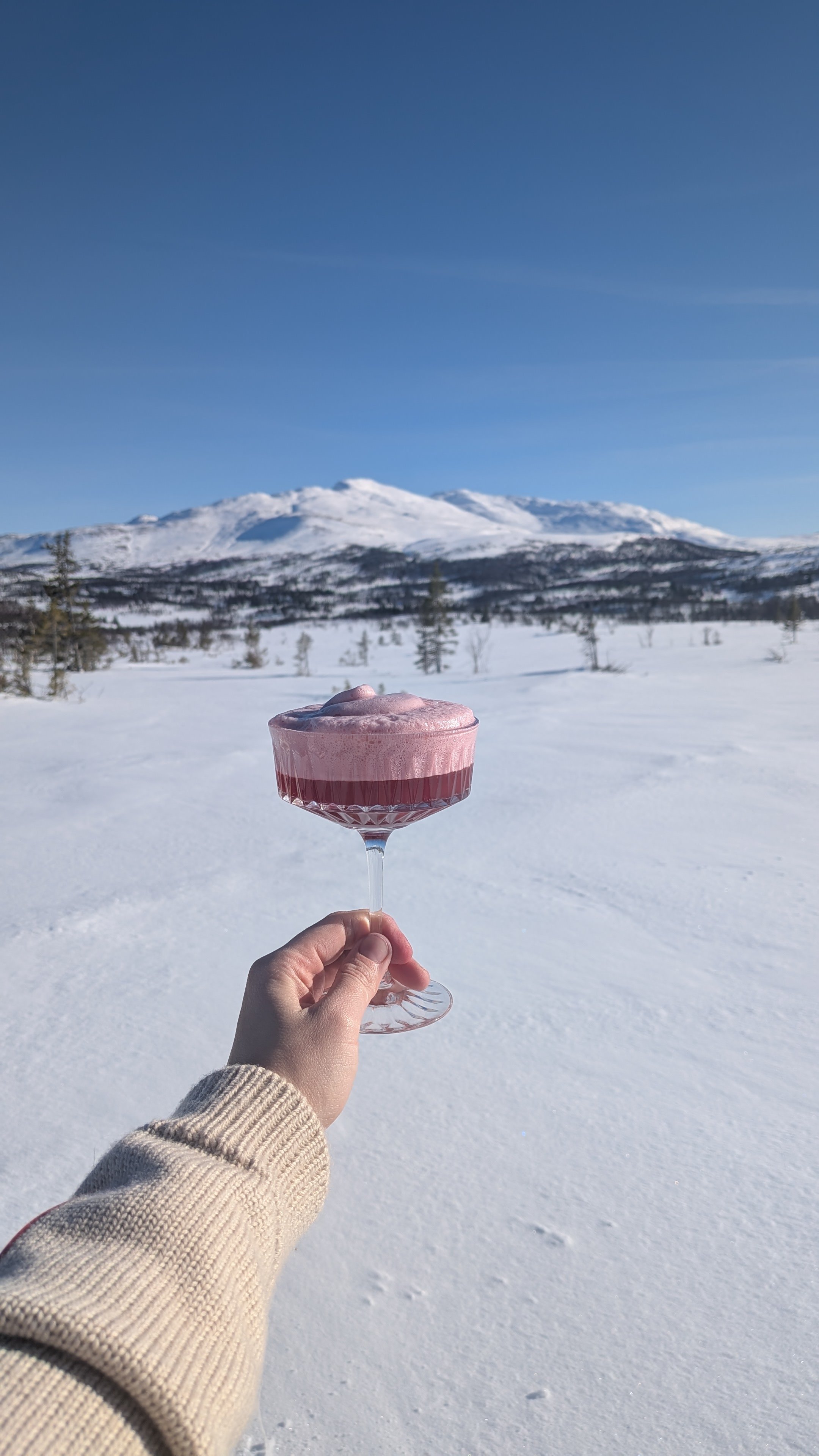 Cocktail with Åre skutan in the background, white snow, cross country, mocktail
