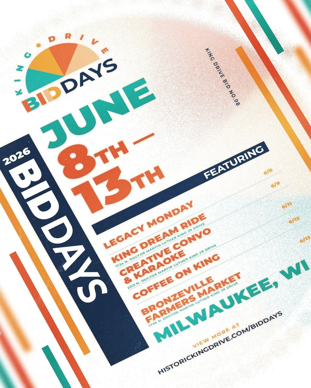 BID Days 2026 is here! 🎉✨

Join the Historic King Drive BID for a week celebrating community, creativity, and the businesses that make Bronzeville move.

June 8 is officially King Drive BID Day in Milwaukee &mdash; kicking off a full week of events 