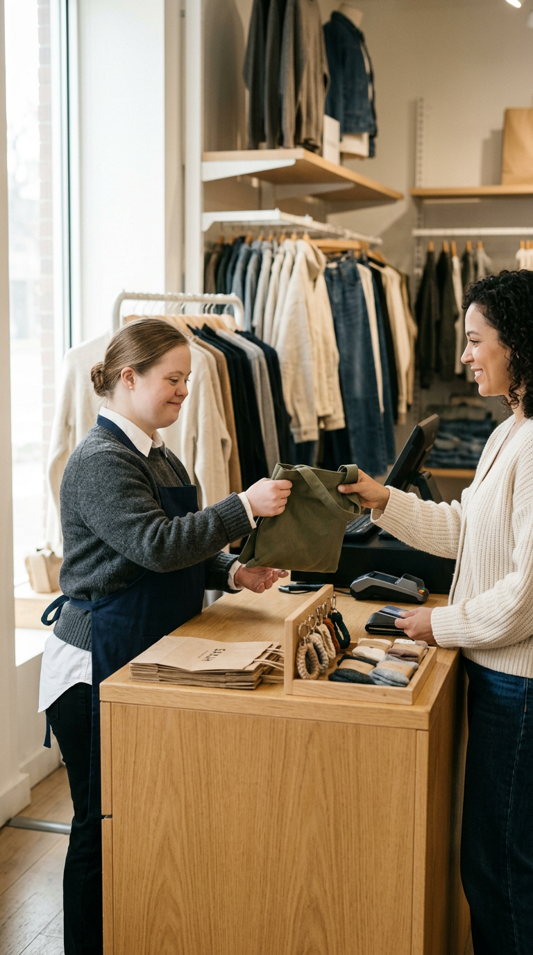 A customer paying at a clothing store checkout counter with a cashier handing her a shopping bag.