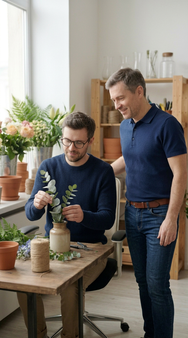 Two men in a flower shop or greenhouse arranging flowers and foliage, with one sitting and the other standing, surrounded by plants and flower arrangements.