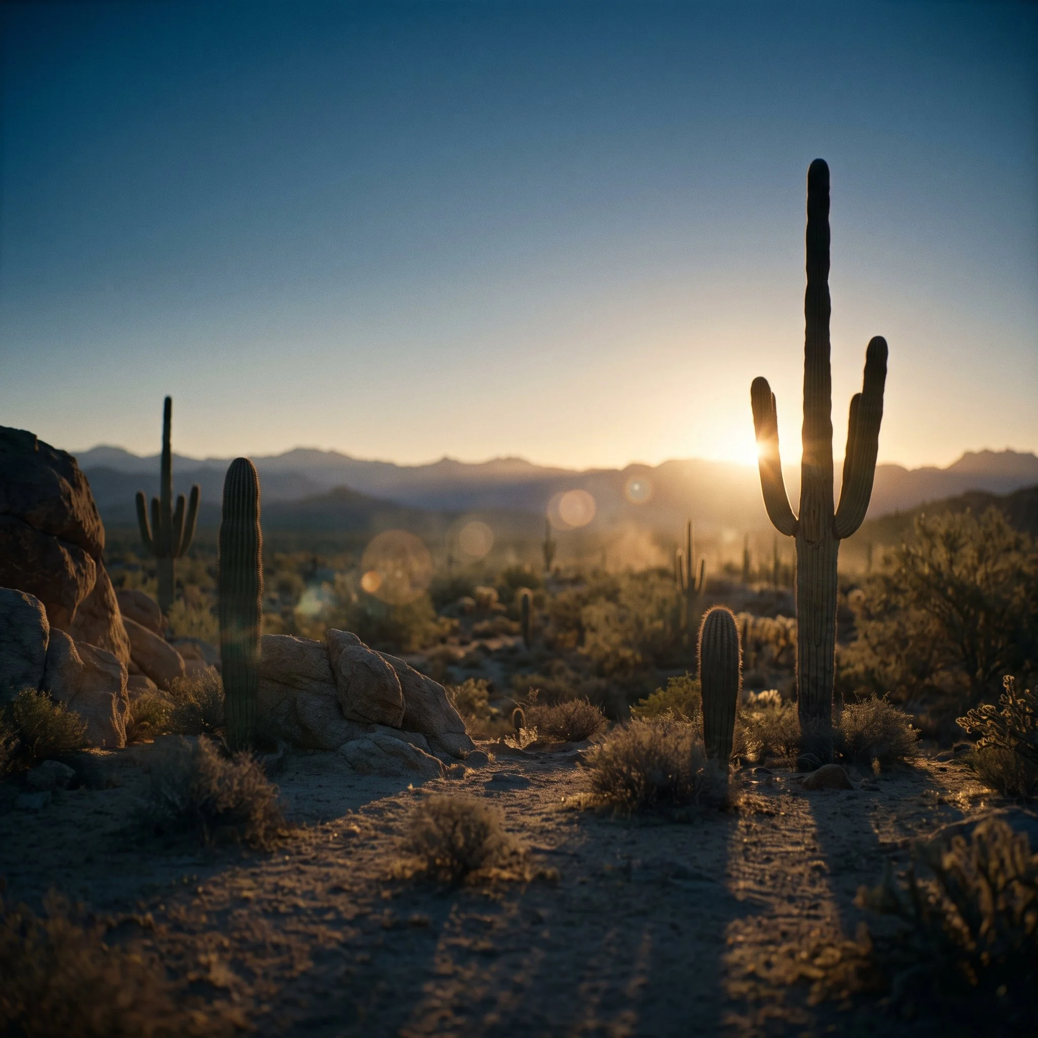 Desert landscape with tall cactus plants, rocky foreground, mountains in the background, and the sun setting or rising.