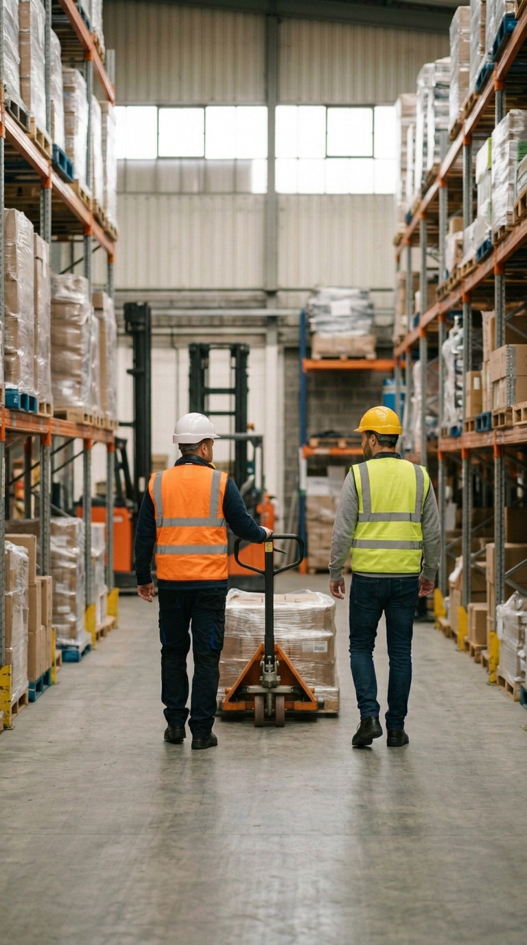 Two workers in safety gear, including hard hats and high-visibility vests, are walking through a warehouse aisle with stocked shelves of boxes and pallets, pushing a hand pallet jack.