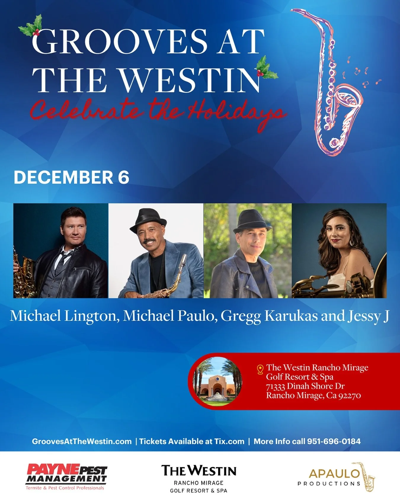 What are you doing on December 6? Come and have some holiday fun with us in Rancho Mirage, CA!

Join me and my dear friends @michaelpaulo_ @jessyjsax and @greggkarukas for a wonderful evening of Holiday music and more at the @westinranchomirage 

Gra